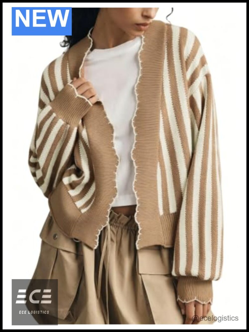 Striped Waffle Knit Open Front Cardigan Cropped Ruffle Trim